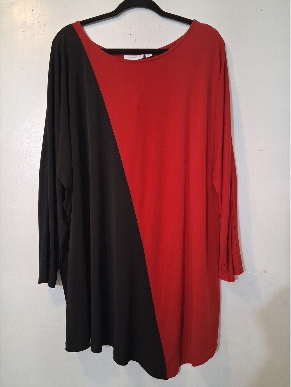 Susan Graver Women's 3X Liquid Knit  Red Black Colorblock Asymmetric Tunic